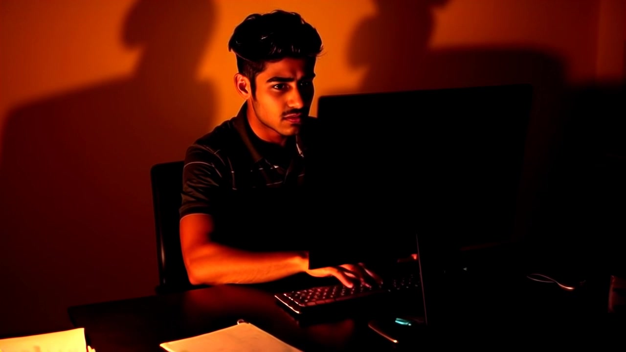 Subject: A young man at his desk, visibly frustrated. Scene: A small, cluttered workspace with a computer displaying a blank document, scattered papers, and a flickering desk lamp casting shadows. Motion: Camera zooms in slowly on the subject’s face, capturing his expression of exasperation, then gently pulls back to reveal the full desk setup. Lighting: Soft, ambient light from the desk lamp creates a warm yet tense atmosphere.