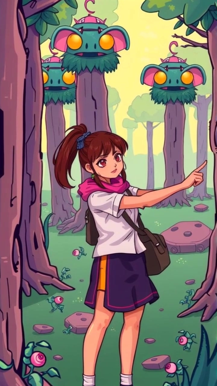 Subject: Lulu stands alert in a dense forest, pointing outward toward a group of Piglins approaching in the distance. Subject movement: Lulu gestures emphatically, drawing attention to the Piglins as they move closer. Scene: A vibrant forest filled with lush greenery and dappled sunlight filtering through the leaves. Motion: The camera slowly pushes in on Lulu, capturing her focused expression while the background blurs slightly, emphasizing her point. Lighting: Soft, dappled lighting creating a serene yet tense atmosphere, as the towering trees loom around her.
