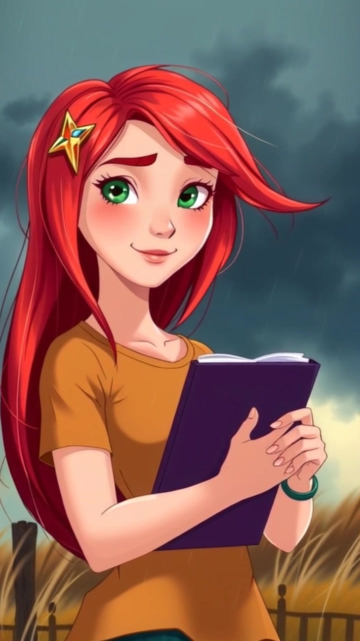 Aurora stands outside in a windstorm, holding her sketchbook tightly against her, with dark clouds overhead. The camera does a slow dramatic zoom on her face as the wind whips her hair, capturing the intensity of the storm. Dark and ominous lighting adds to the suspenseful atmosphere.