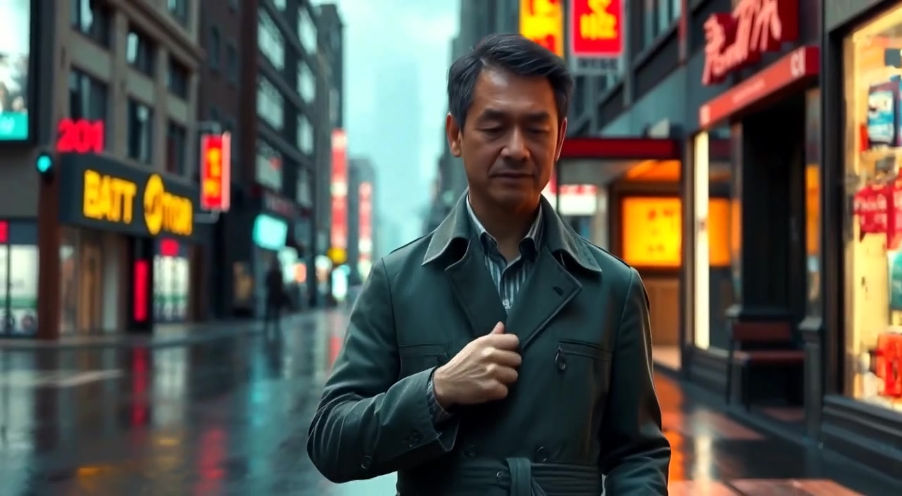 The man gently adjusts his trench coat as raindrops fall on the wet street around him.
