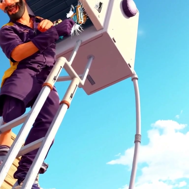 The technician gently wipes dust from the outdoor unit, surrounded by a clear blue sky.