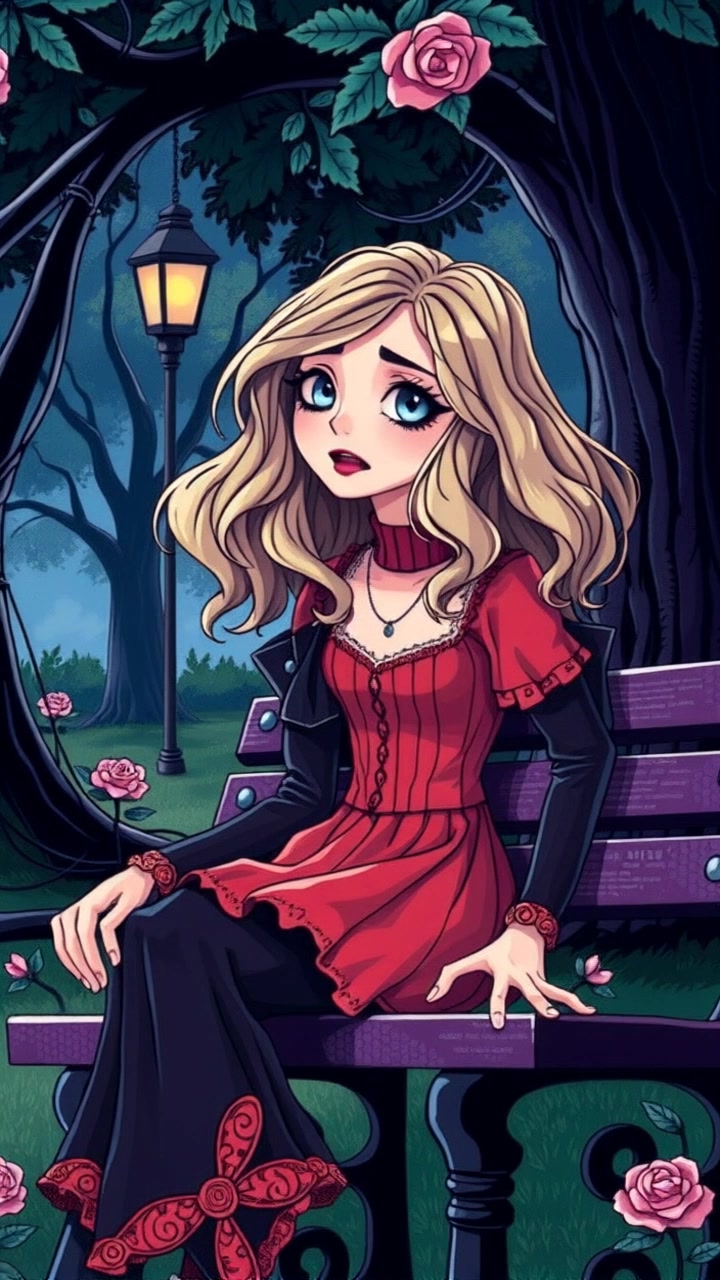 You sitting on a park bench, taking a deep breath, surrounded by trees and flowers.