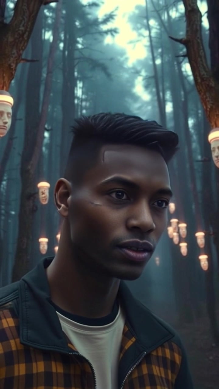 Subject (Build, Scar above eyebrow, Clothing), Subject movement (Looking exhausted), Scene (Dense dark forest), Camera Language (Slow zoom out), Lighting (Filtered through dense trees), Atmosphere (Eerie)