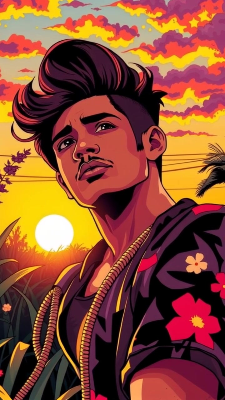 Subject: A young man standing resolutely in a garden. Subject movement: He gazes upward towards the vibrant sunset sky, his posture reflecting determination. Scene: A lush garden filled with blossoming flowers, bathed in the warm hues of sunset. Style: Soft, golden light casting a serene atmosphere, with colorful blooms contrasting against the deepening twilight. Motion: The camera slowly pushes in on the young man, capturing the subtle shift of light as the sun descends, while the garden blooms sway gently in the evening breeze.