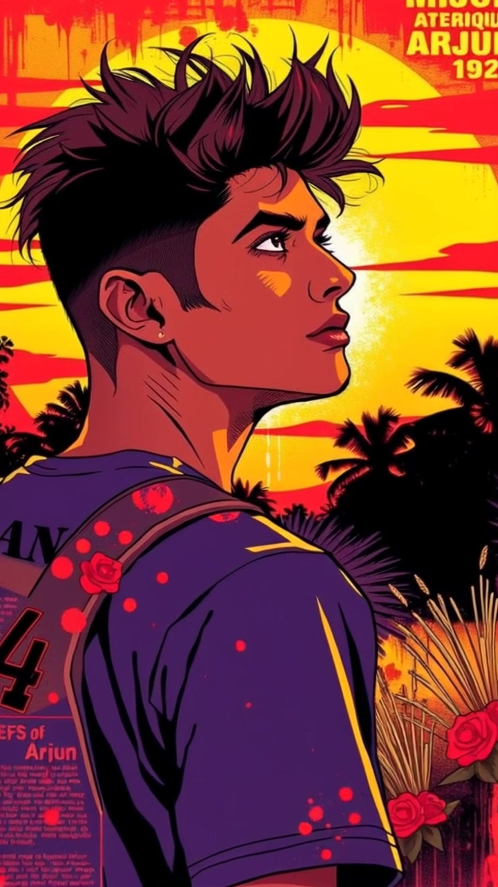 Subject: A young man standing resolutely in a garden at sunset, gazing up toward the sky. Scene: A tranquil garden filled with vibrant flowers and gentle greenery, bathed in the warm, golden hues of sunset. Lighting: Soft, warm light enhancing the colors of the garden and casting long shadows. Motion: The camera slowly pushes in on the young man, capturing his expression of determination as the background flowers sway gently in the breeze.