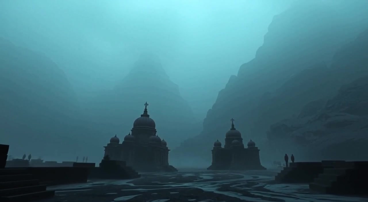 Thick mist swirls gently around distant silhouettes of mountains in a vast dark world.