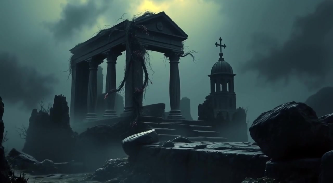 Fog gently envelops the ruins of ancient temples, revealing cracked stones and vines as they sway softly in the breeze.