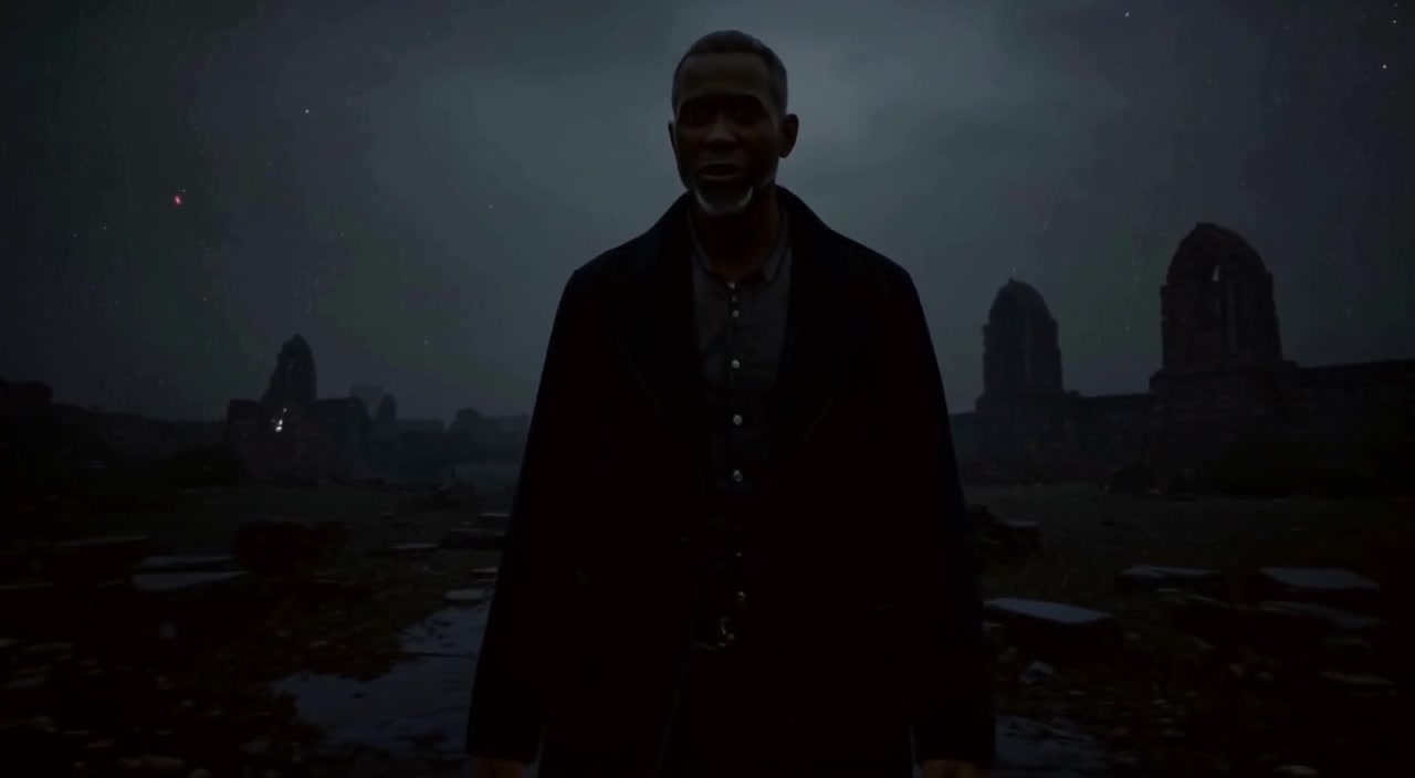 The figure gently gestures, shadows flickering across their face amid the ancient ruins.