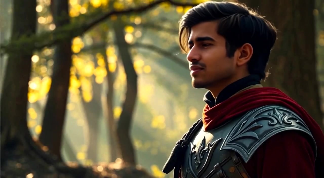 The man whispers softly to himself while gentle sunlight filters through the trees in the serene forest.