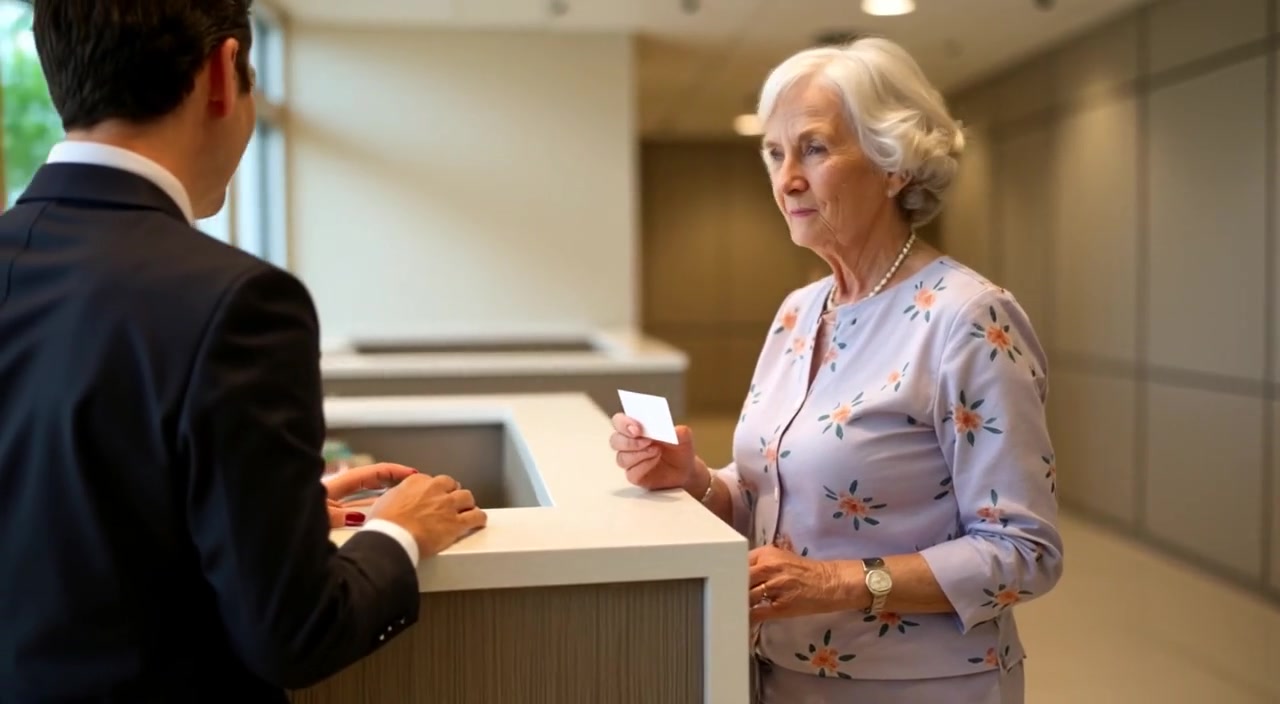 The woman walks slowly towards the reception desk, glancing around with a blank white credit card in hand.