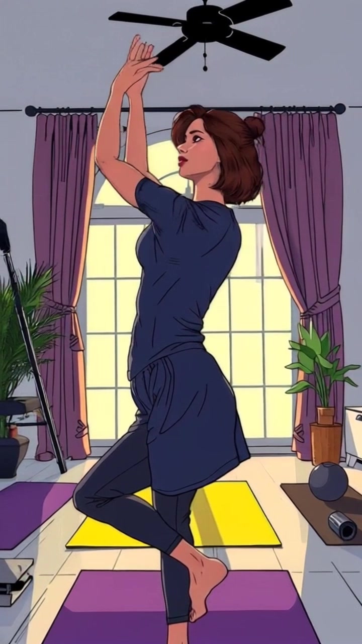 Subject: A woman with a fit build, hair tied up in a bun, wearing athletic leggings and tank top, focused expression. Subject movement: Slow, deliberate stretching movements, transitioning between poses. Scene: Bright living room with yoga mats and exercise equipment scattered around. Camera Language: Smooth push-in to the woman, circling around her to showcase the serene environment. Lighting: Natural morning light streaming in through large windows, casting soft shadows. Atmosphere: Calm and invigorating, capturing the essence of a peaceful morning workout.