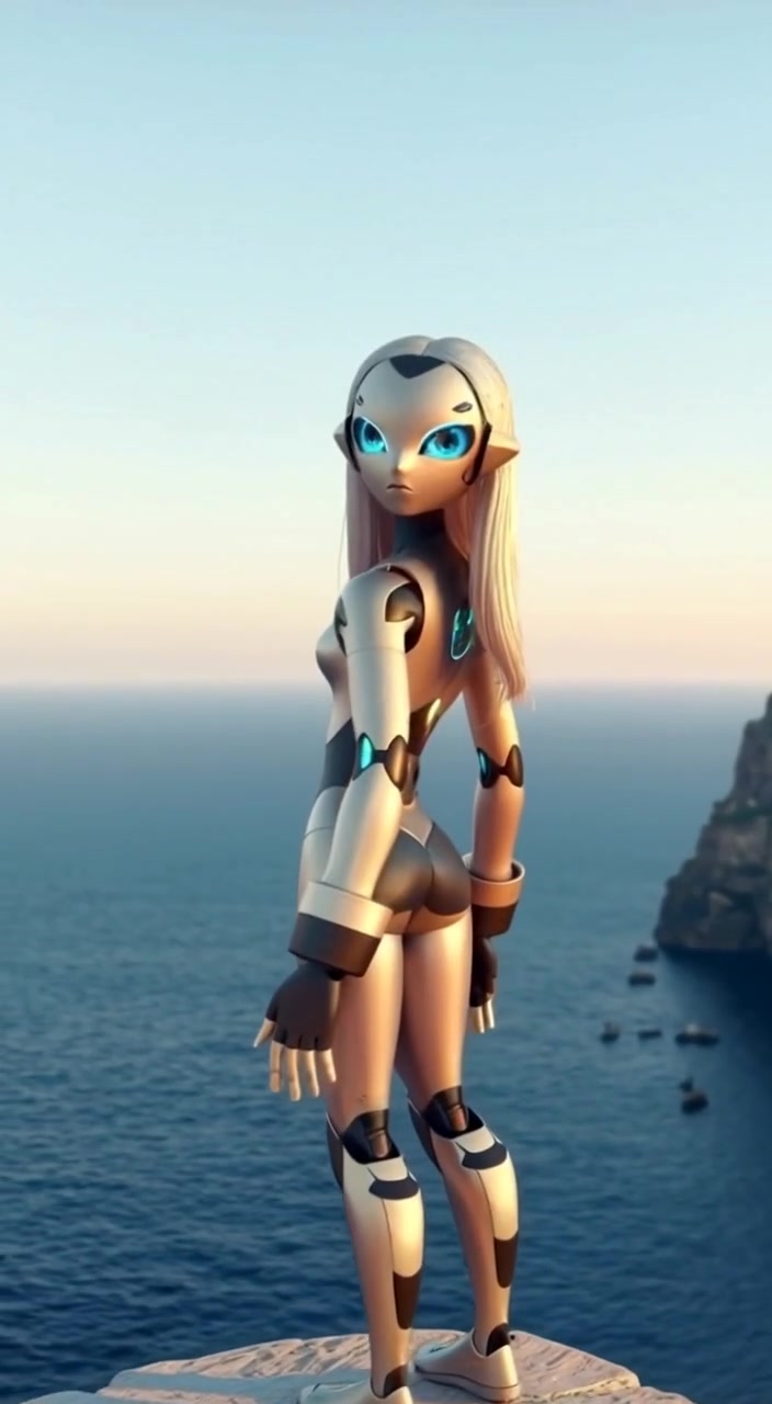 Futuristic Female Robot in Oceanic Serenity