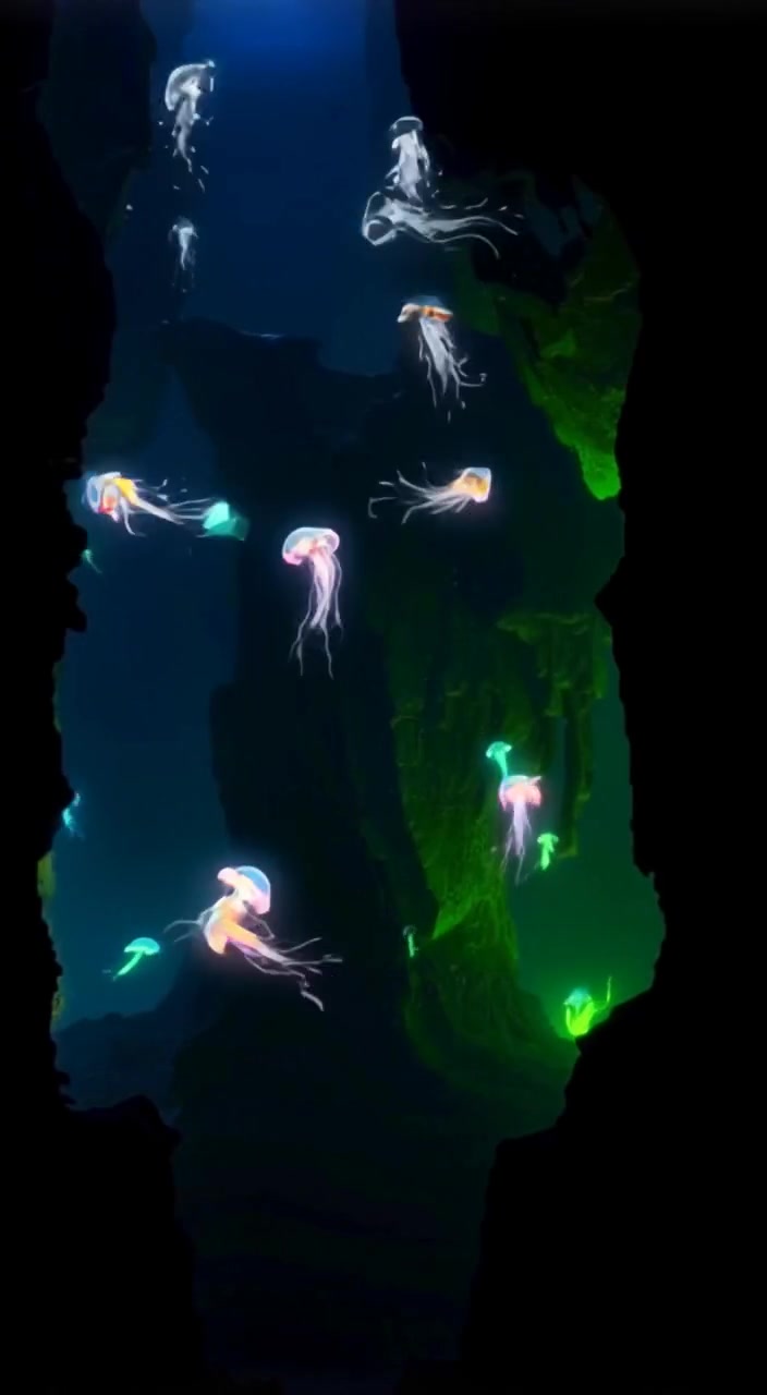 Bubbles rise gently from the dark abyss, revealing towering underwater cliffs shrouded in mystery.