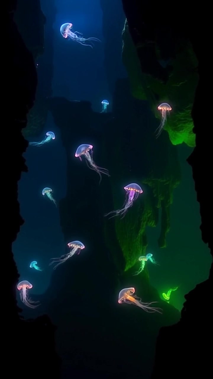Scene: A deep underwater scene featuring dark, murky water, with towering underwater cliffs rising dramatically in the background. Style: Low ambient light creating a mysterious atmosphere, with diffuse shadows accentuating the rugged textures of the cliffs. Motion: The camera glides slowly through the water, gently moving downward to reveal the sheer scale of the cliffs, while soft currents ripple the surface.
