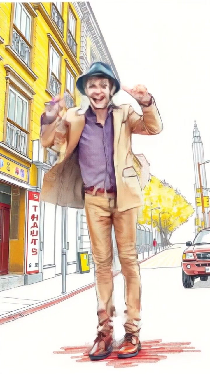 Subject: Charlie Chaplin in a bowler hat. Subject movement: Chaplin is joyfully jumping in the middle of a bustling city street, exuding charm. Scene: A lively city street filled with vintage buildings and curious pedestrians. Style: Bright, cheerful daylight enhances the playful atmosphere of the scene. Motion: The camera performs a dynamic tracking shot, following Chaplin's energetic jumps, capturing the surrounding city's vibrancy as it sways gently to the rhythm of his movements.