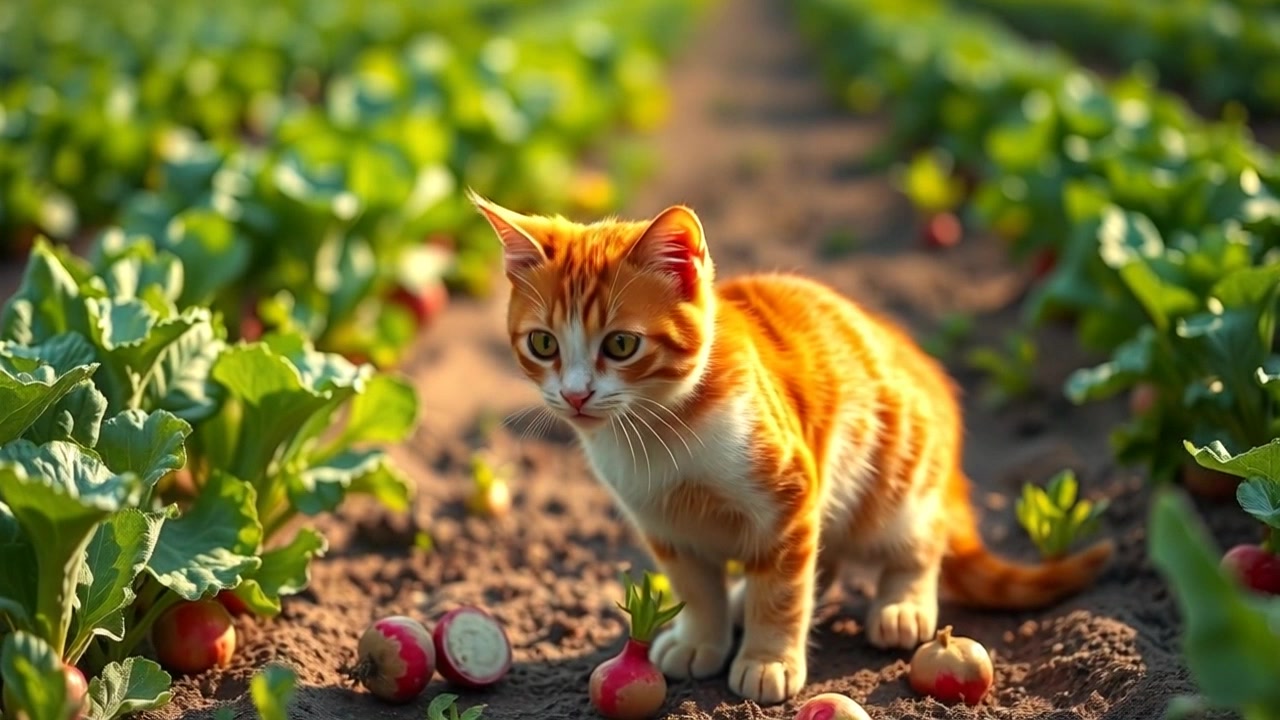 Garfield the kitten standing in a garden filled with vegetables, looking confused and surrounded by uprooted radishes.