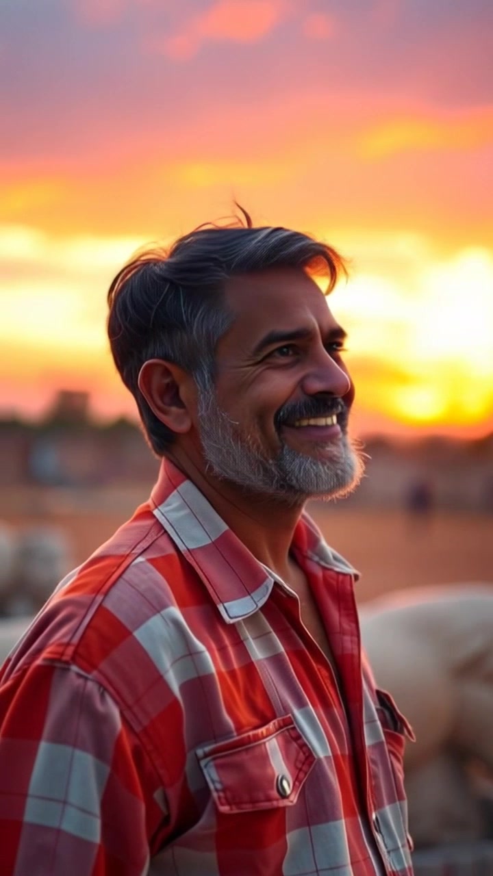 Scene: You stand outside at sunrise, wearing casual clothes, a smile illuminating your face as the vibrant colors of the sky transition from deep purple to bright orange. Style: Soft, warm lighting of early morning casts a gentle glow, enhancing the cheerful mood. Motion: The camera starts with a close-up shot of your smiling face and then slowly pulls back, showcasing the expansive sky and the tranquil environment around you.