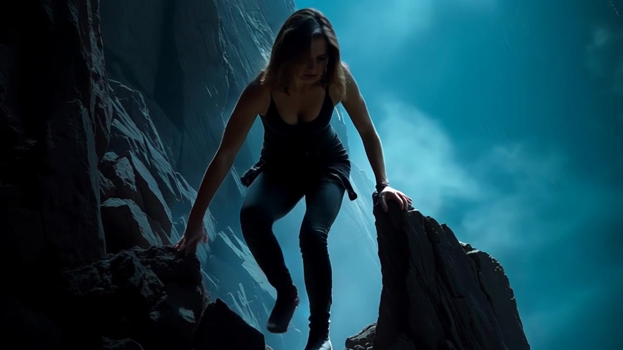 Subject: A determined climber scaling a steep rocky path, embodying confidence and focus. Subject movement: The climber ascends with purpose, each step deliberate and strong, navigating the rugged terrain. Scene: A steep rocky path surrounded by towering cliffs and sparse vegetation under a clear blue sky. Style: Bright daylight illuminating the rugged textures of the rocks, creating stark contrasts. Motion: The camera trails closely behind the climber, capturing the intensity of the ascent while offering panoramic views of the breathtaking landscape ahead.
