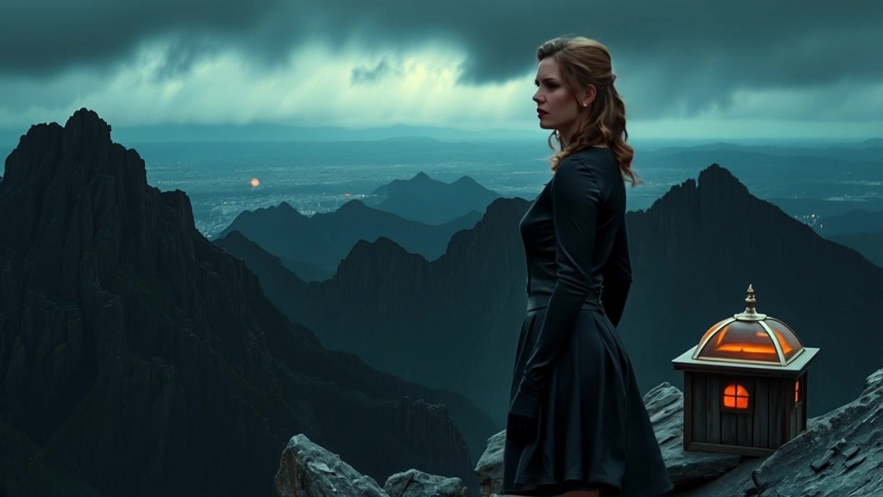 Subject: Emma standing confidently at the summit of a mountain. Subject movement: She turns slowly, taking in the vast expanse of wilderness surrounding her. Scene: A breathtaking mountain peak with a panoramic view of lush valleys and distant ranges under a clear sky. Lighting: Bright, midday sun illuminating the scene with vibrant colors. Motion: Camera begins with a close-up of Emma's determined expression, then pulls back dramatically to reveal the stunning landscape in all its glory.