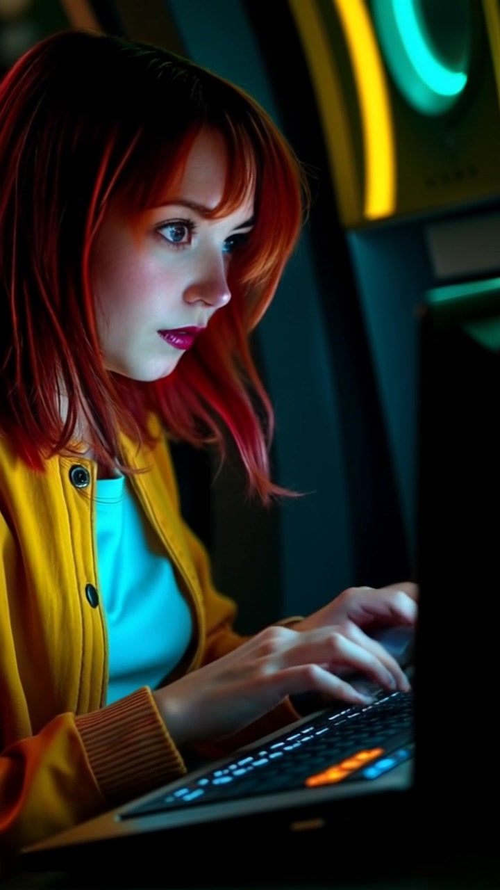 Subject: Anya typing rapidly on her keyboard. Subject movement: Her hands move swiftly, fingers dancing over the keys as she focuses intently on the screen. Scene: A dimly lit room, illuminated by the cool blue light of the computer screen, creating a contrast with the surrounding darkness. Motion: Camera performs a close-up tracking shot, smoothly panning over her hands and the keyboard, then pulling back slightly to capture her concentrated expression as the glow of the screen lights her face. Lighting: Blue light from the screen casts a soft glow, enhancing the atmosphere. Atmosphere: Intense and focused mood.