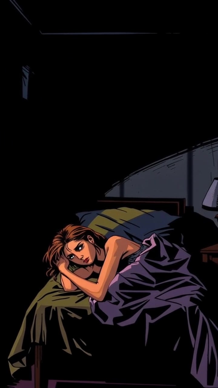 A worried girl lies awake on a single bed in a dark room, with shadows dancing on the walls. Slowly zoom in on the girl's face as she looks around anxiously. Moody lighting and tense atmosphere.