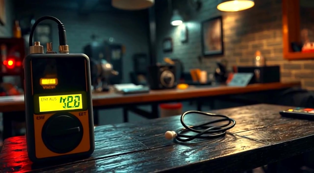 The emf meter's light blinks gently as a faint hum resonates in the quiet room.