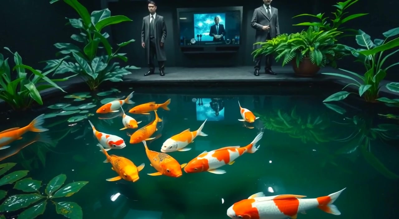 Koi fish gently swim beneath the surface of a serene pond surrounded by flourishing green plants.