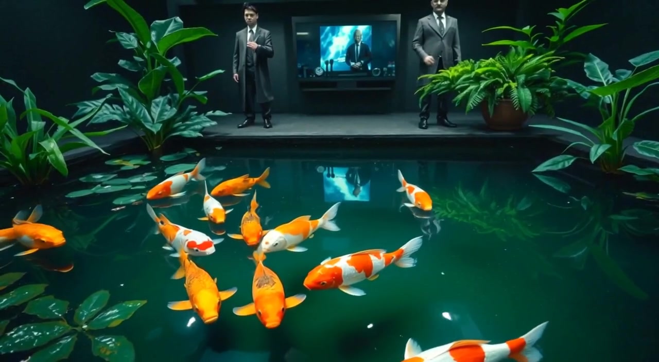 Colorful koi fish gently swim beneath the surface of a serene pond surrounded by vibrant, lush greenery.
