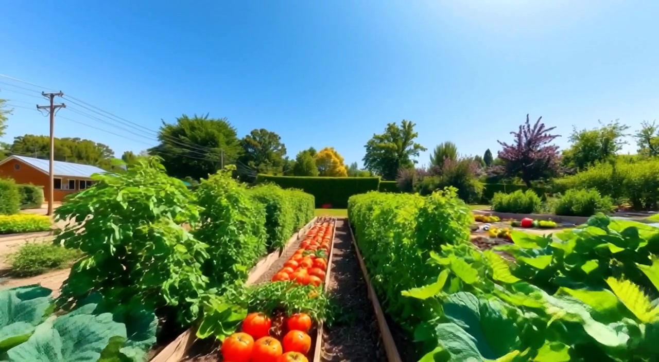 A gentle breeze moves through the vibrant vegetable garden, making colorful vegetables sway softly under the clear blue sky.