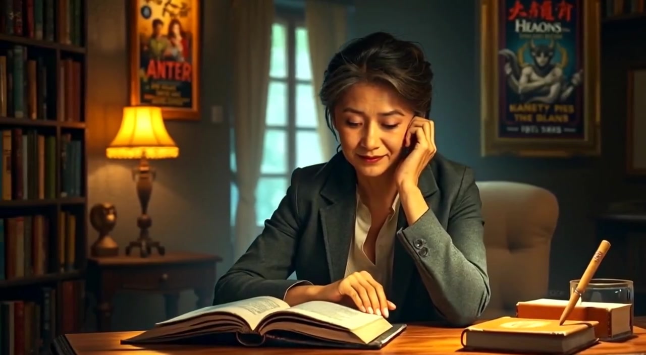 Aria, sitting at a desk in a dimly lit room, surrounded by posters and books.
