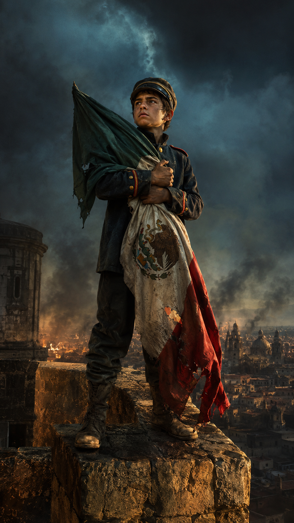 Seis cadetes y la bandera de México