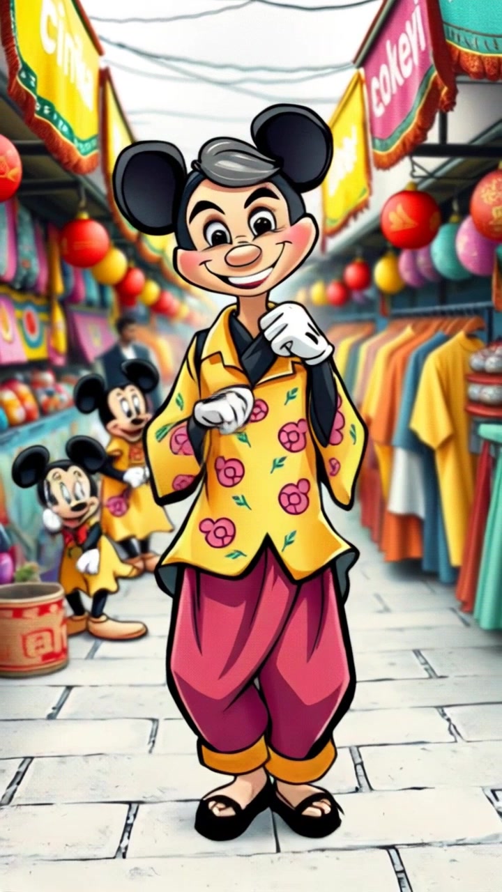 Subject (بابو مامو, brightly colored shalwar kameez) + Subject movement (standing joyfully) + Scene (vibrant market with colorful stalls) + Camera Language (pan around, dolly zoom in) + Lighting (bright natural light, vivid colors) + Atmosphere (lively, bustling)