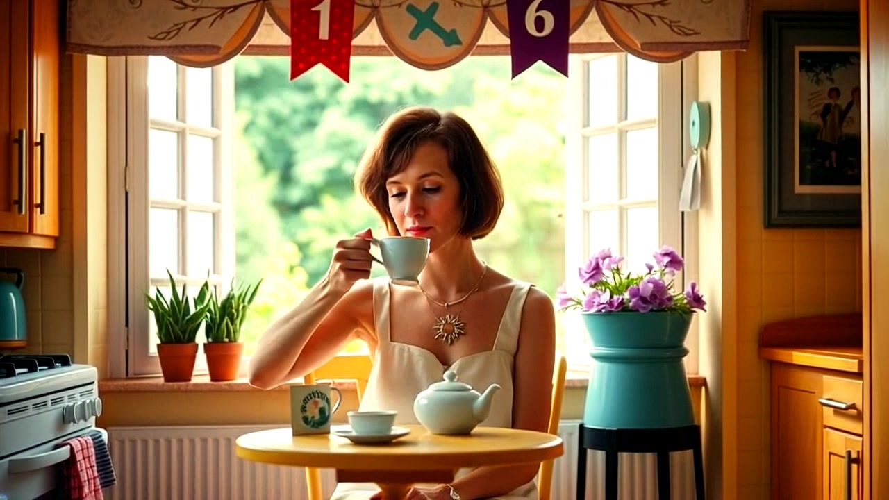 Subject: A woman named Mira sitting at a small table in her sunny kitchen, savoring a cup of tea. Scene: Bright, inviting kitchen filled with warm natural light, with a picturesque view of the blooming garden outside. Motion: Camera slowly pushes in to capture her thoughtful expression as she enjoys the serenity of the moment, soft flares of sunlight illuminating the space.