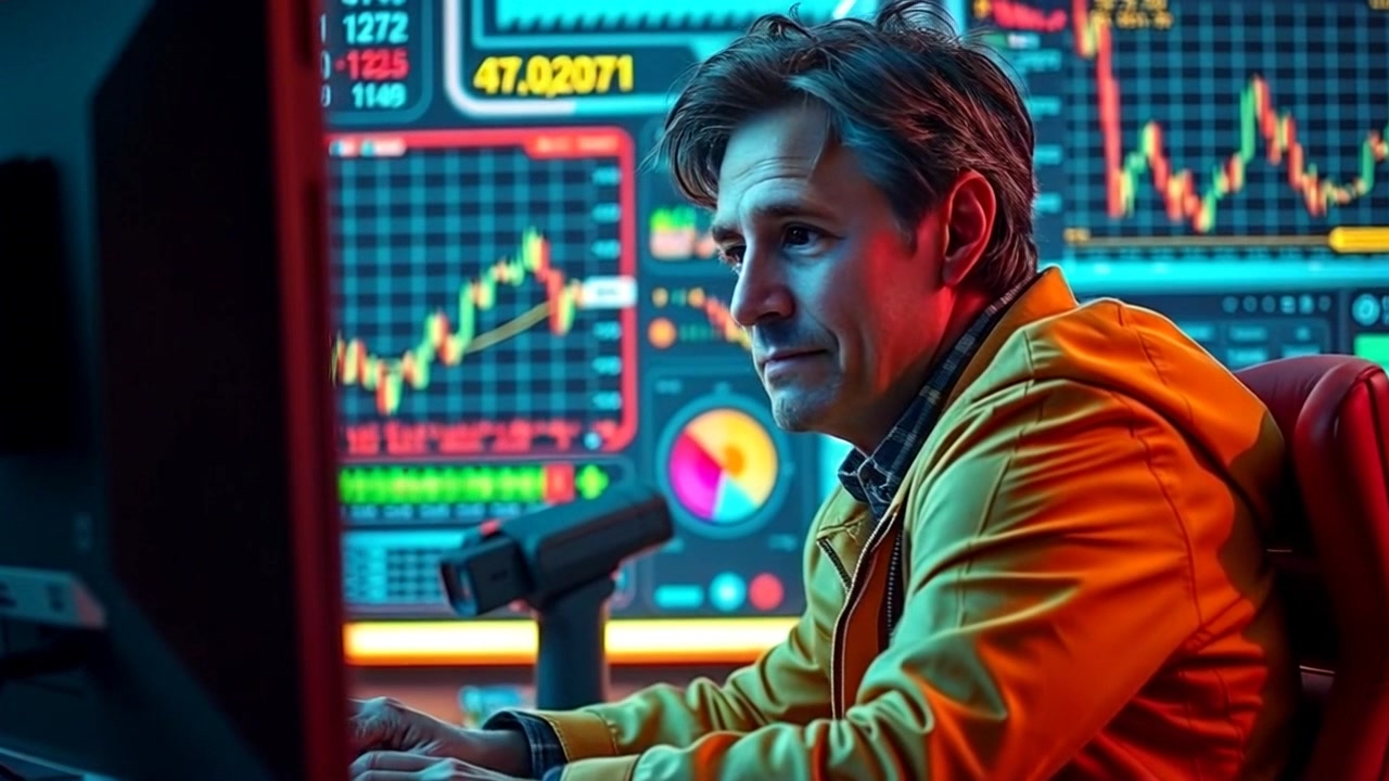 Subject: A man in a business suit, focused on the computer screen displaying real-time stock market charts in an office setting. Subject Movement: The man remains still, engrossed in analyzing the data on the screen. Scene: Modern office space with sleek furniture and large windows overlooking a cityscape. Camera Language: Slow zoom-in on the man's face, capturing the reflection of the stock charts in his glasses. Lighting: Soft, natural light streaming through the windows, casting gentle highlights on the man's profile. Atmosphere: Intense, focused atmosphere in the office, with a sense of concentration and determination.