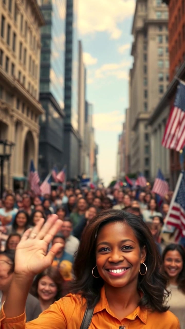 Subject: A young girl standing on a city street. Subject movement: She waves enthusiastically at a crowd of smiling onlookers. Scene: Bustling American city street surrounded by tall skyscrapers with vibrant urban life. Style: Bright, midday lighting with a lively atmosphere. Motion: The camera performs a dynamic handheld tracking shot, capturing the girl’s joyful interaction with the crowd as it sweeps from her smiling face to the surrounding skyscrapers, creating an engaging and energetic feel.