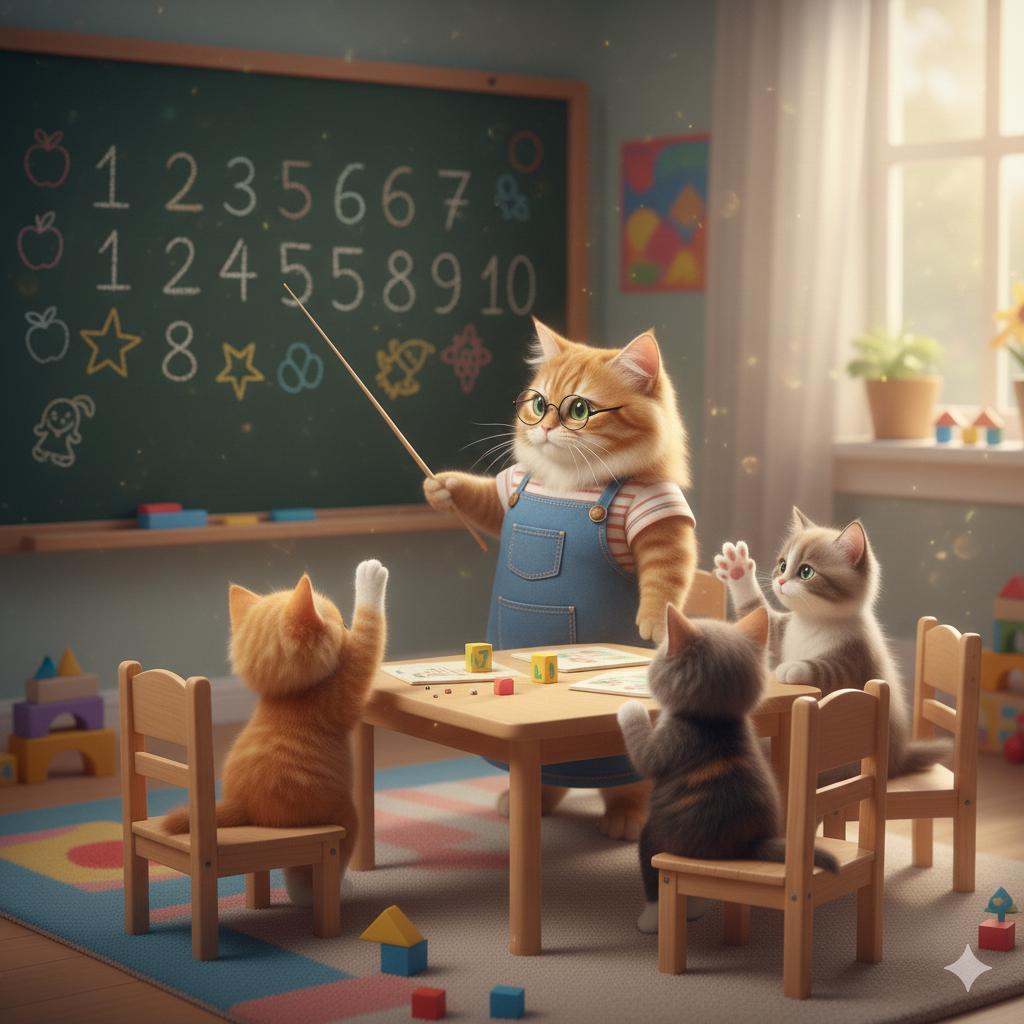 Ibu Guru Kucing Mengajar Anak Kucing Menghitung 1-10