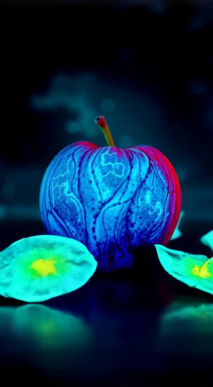 A gentle breeze moves the blue-skinned apple slightly on the polished wooden surface.