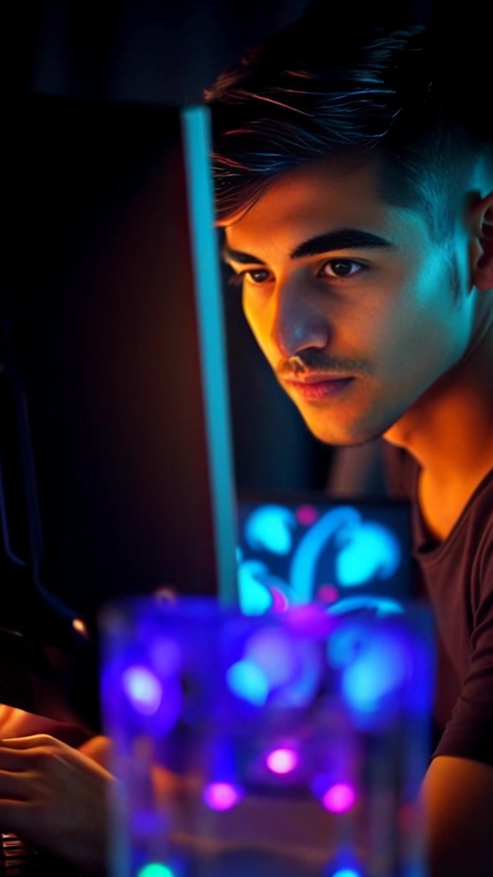 Subject: Skylar sitting in front of a computer, intensely focused on the screen while playing Mobile Legends: Bang Bang. Subject movement: The character leans slightly forward, fingers deftly moving over the keyboard as they engage with the game. Scene: An intimate gaming setup highlighted by LED lights and gaming accessories. Style: Dim ambient lighting, creating a cozy yet intense atmosphere. Motion: Camera performs a dramatic push-in towards Skylar's concentrated expression, capturing the intensity of the gameplay experience.