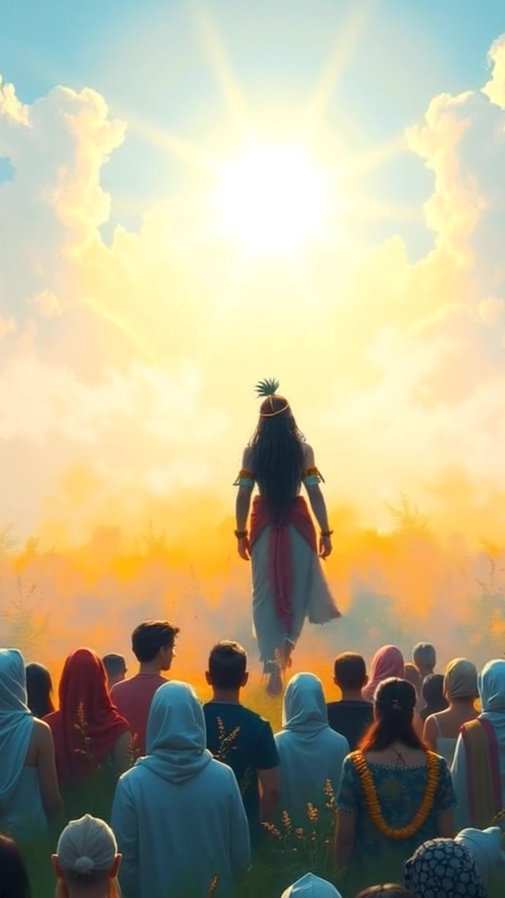 A serene landscape showing a large field under a bright sky with Krishna standing confidently in the middle.