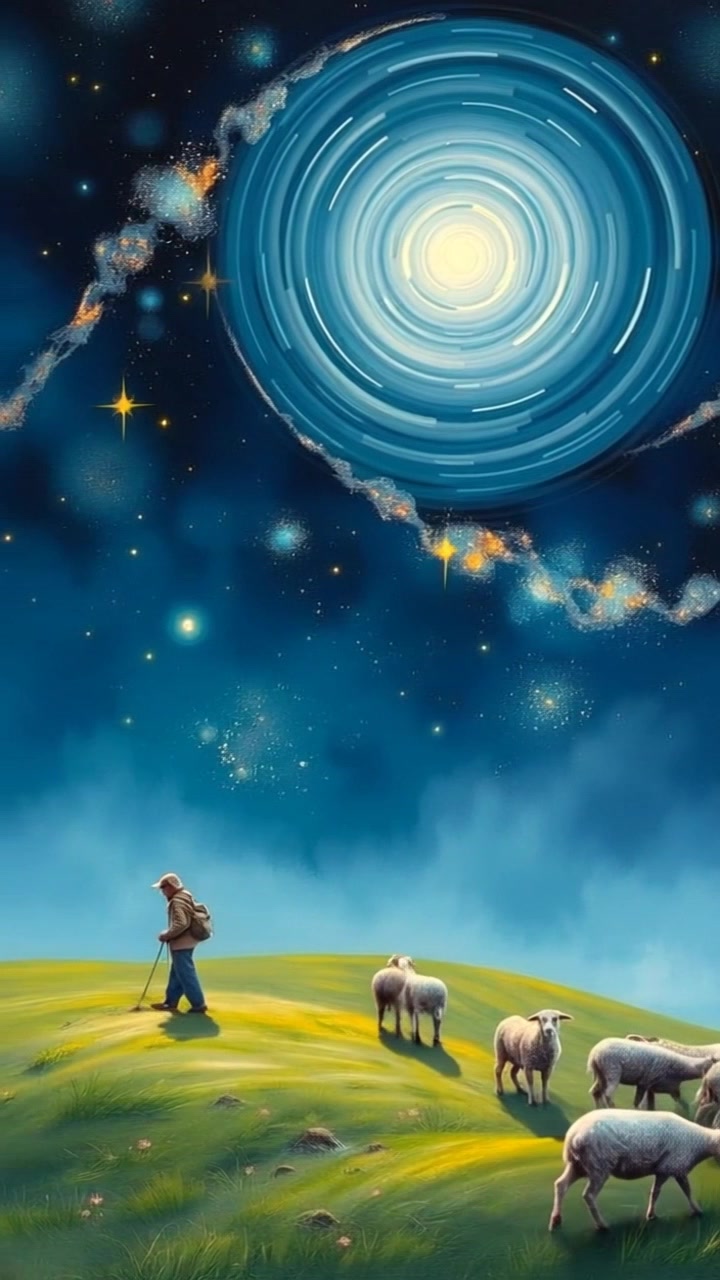 A peaceful countryside scene with a shepherd tending to his flock of sheep on a green hill.