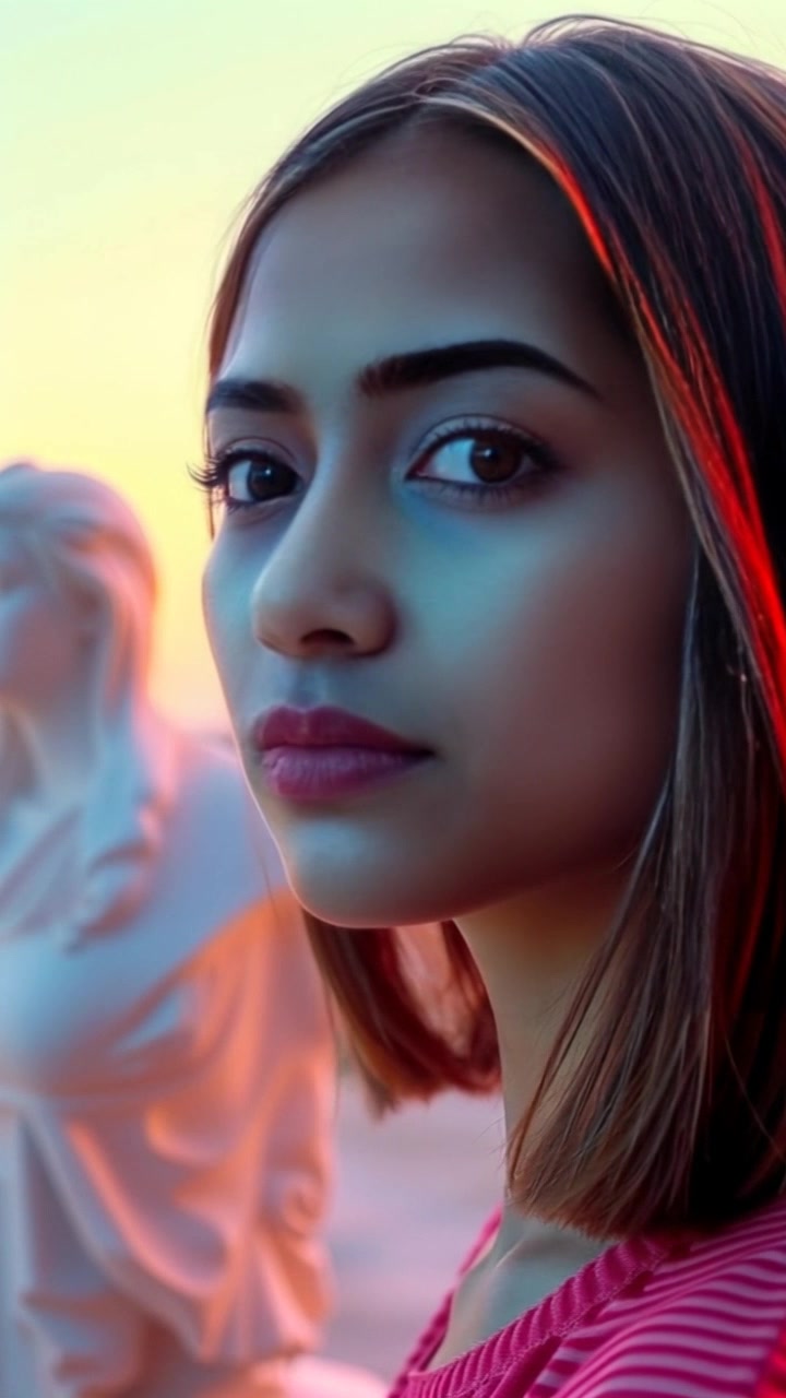 A close-up of a young woman with a determined expression, looking ahead with focus.