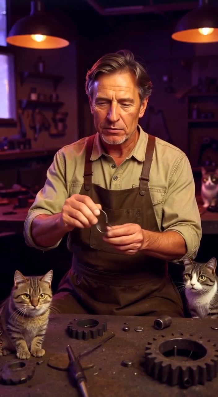 The man gently polishes a metal piece under the warm light of the workshop, surrounded by tools and parts.