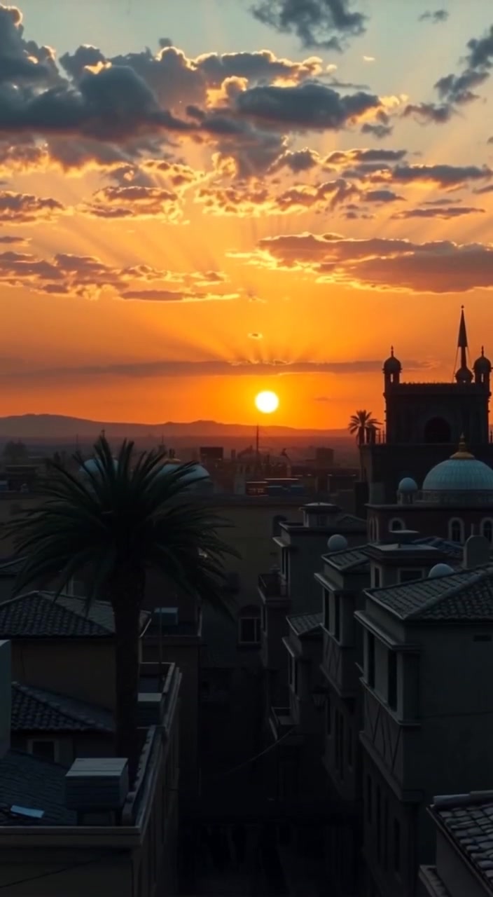 A distant city skyline at sunset with a magical feel, showcasing ancient buildings and palm trees.