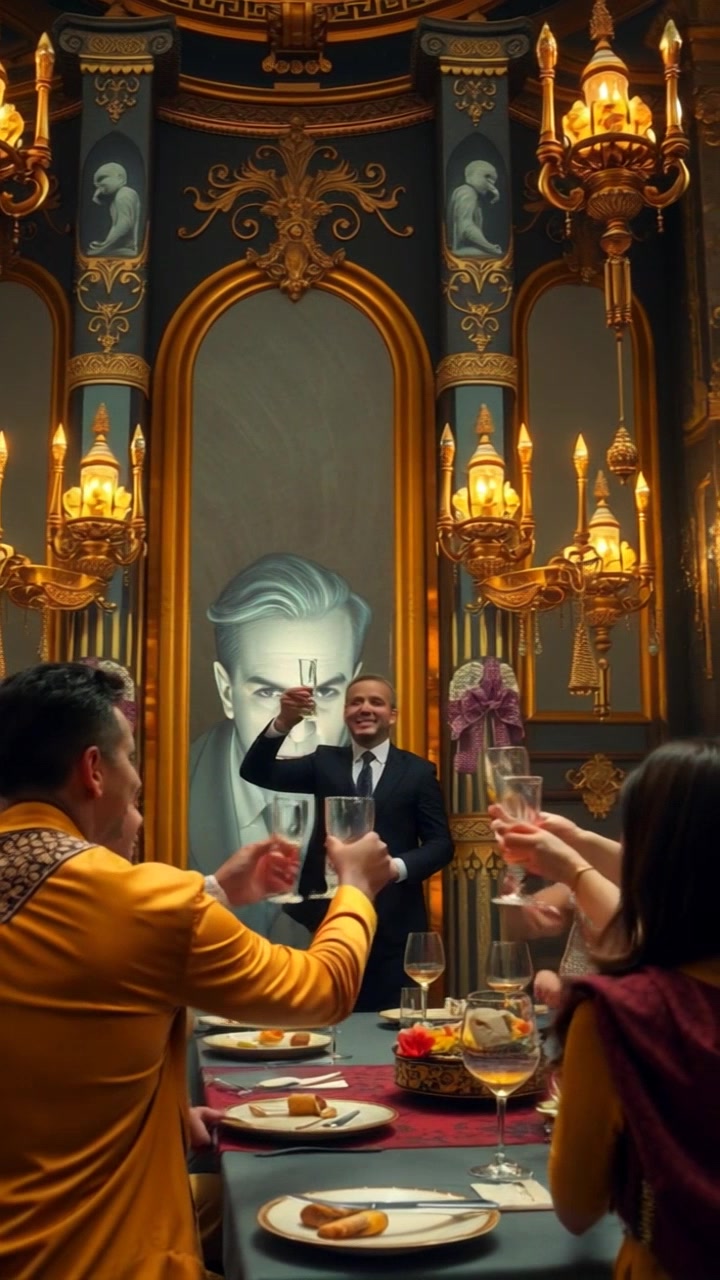 Subject: Caesar enjoying a lavish meal at a grand banquet hall. Subject movement: He raises a goblet in a toast, joyfully engaging with his guests. Scene: Opulent banquet hall adorned with gold accents and rich tapestries, filled with luxurious dishes and elaborate decorations. Style: Warm candlelight illuminating the richness of the room, enhancing a regal atmosphere. Motion: The camera elegantly pans around the table, capturing the festive ambiance and the intricacies of the setting, focusing on Caesar's animated gestures as laughter and conversation fill the air.