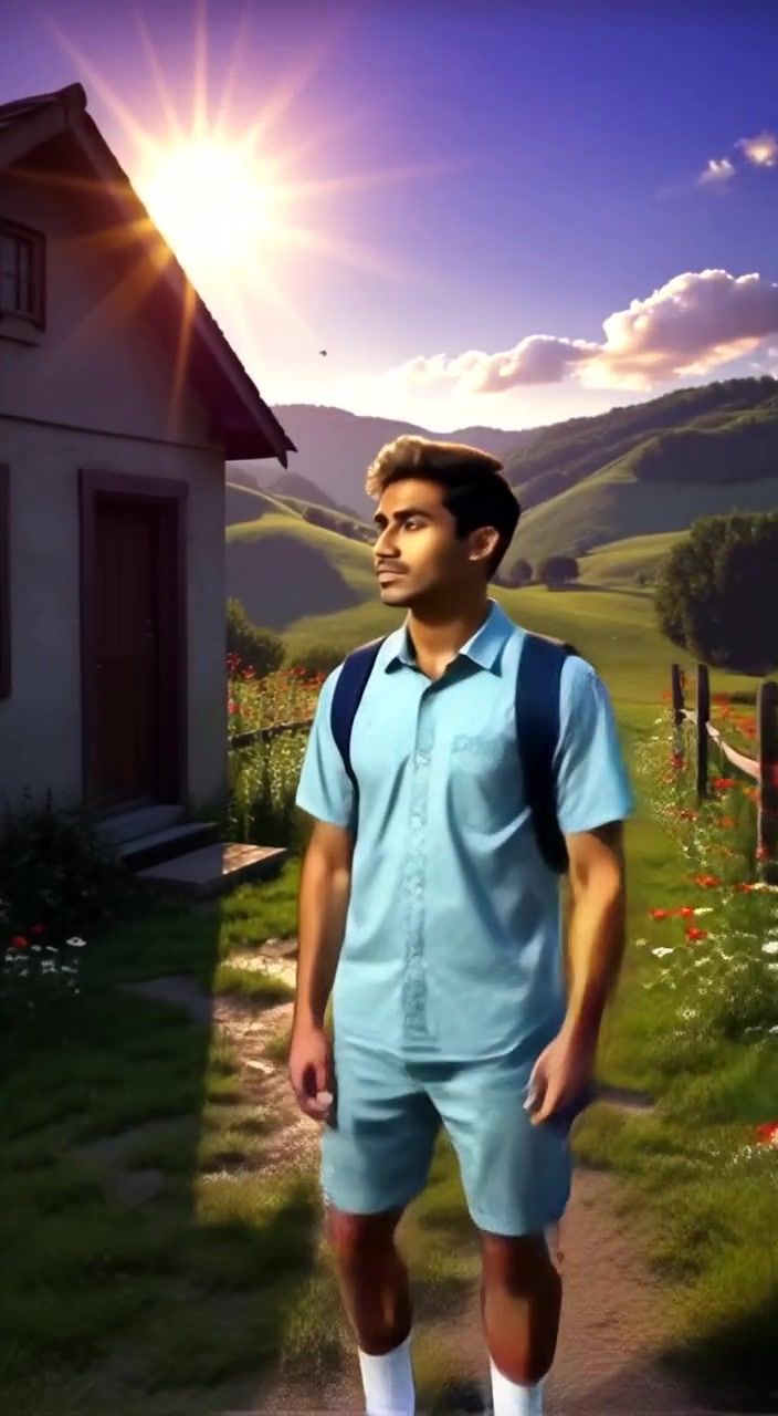 The man gazes thoughtfully at the peaceful rolling hills and small house under a clear blue sky.