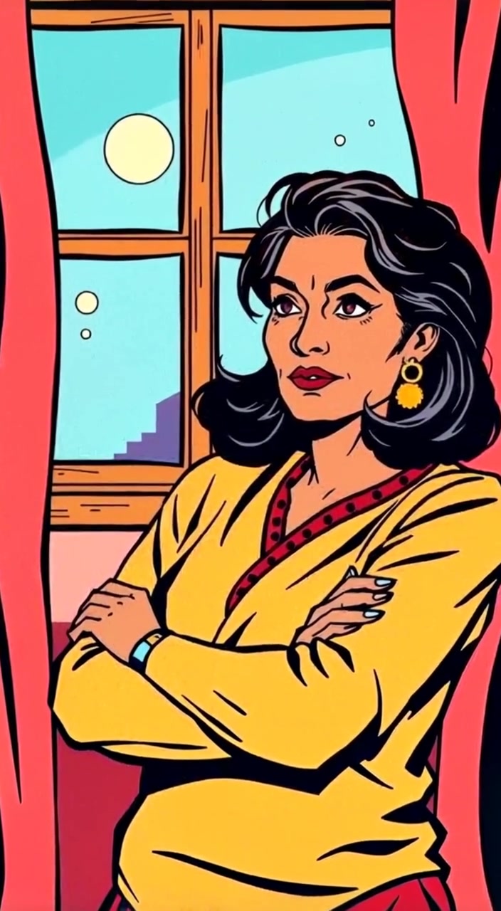 The woman gazes thoughtfully out of the window, her arms gently crossed as sunlight filters through.