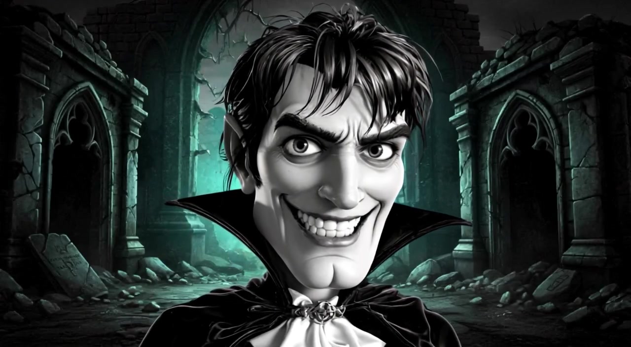 A close-up of Vladar, The Dark King, showing his sharp pointed fangs and wide sinister grin.
