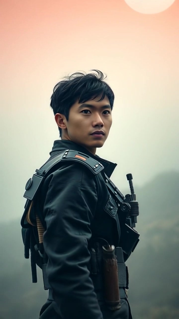 Subject: A focused soldier with a strong posture, gazing towards the misty horizon. Subject description: Military uniform with insignias, stern facial expression, straightened shoulders, dusty combat boots. Subject movement: Stationary with unwavering determination. Scene: Enveloped in mist, adding an ethereal quality to the atmosphere. Style: Dim, atmospheric lighting highlighting the soldier's silhouette against the fog. Camera language: Slow zoom out to emphasize the soldier's solitary stance in the mysterious landscape. Lighting: Moody and misty ambiance creating intrigue and tension. Atmosphere: Mysterious, tense, and isolated.
