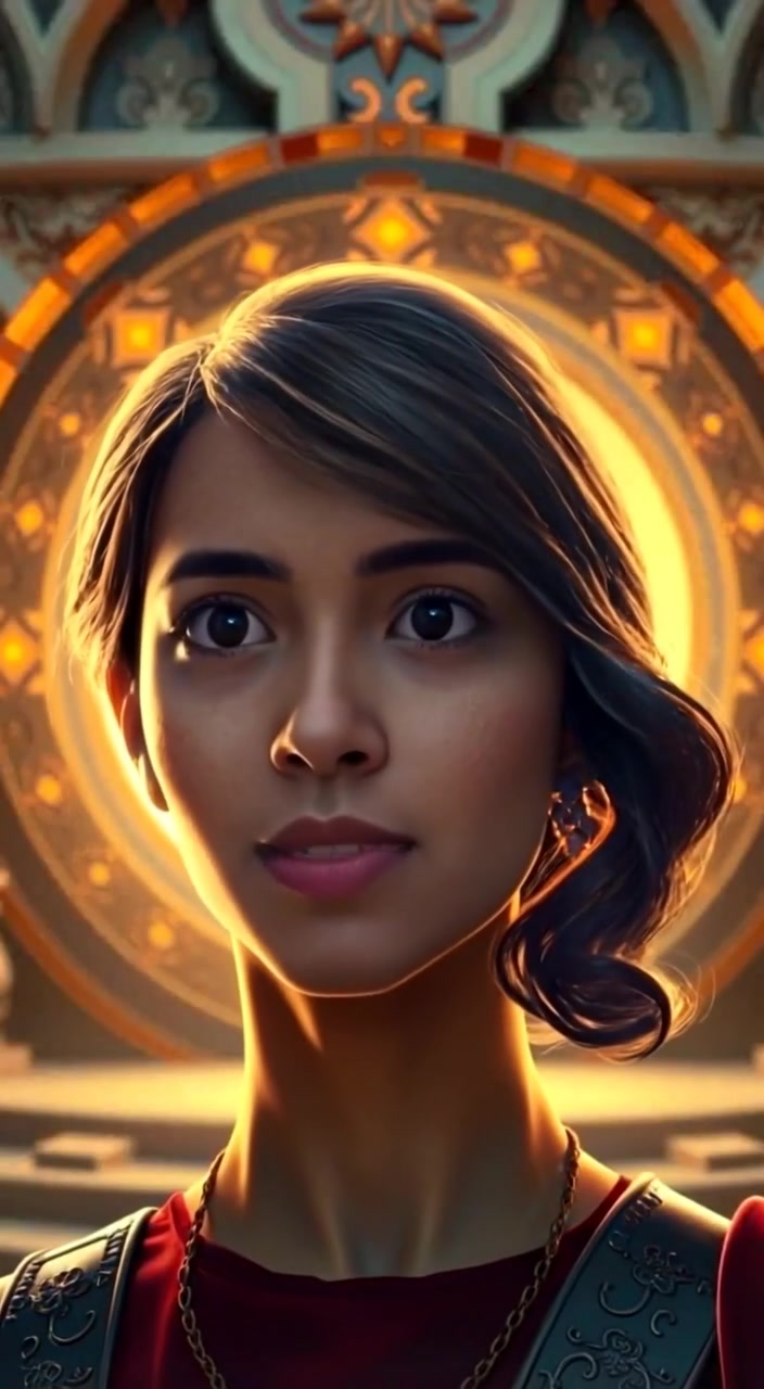 The woman gazes wide-eyed at the glowing portal, her expression reflecting deep astonishment and wonder.