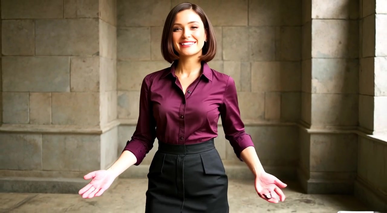 The woman gestures confidently while smiling, illuminated by soft light in a bright, modern office.